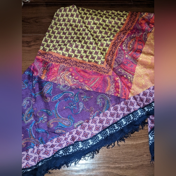 Tarnish - Large Square Paisley Patchwork Scarf - Coral, Navy, Purple, Yellow - Picture 10 of 14